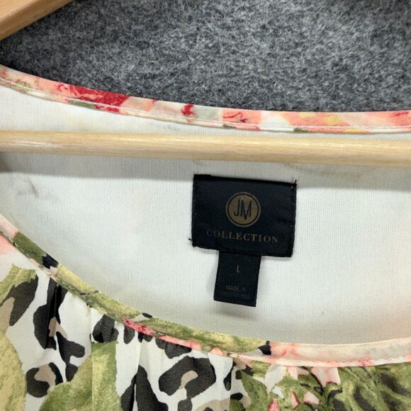 JM Collection Blouse Women L Large White Animal Print Short Sleeve Lined Casual - Picture 3 of 7